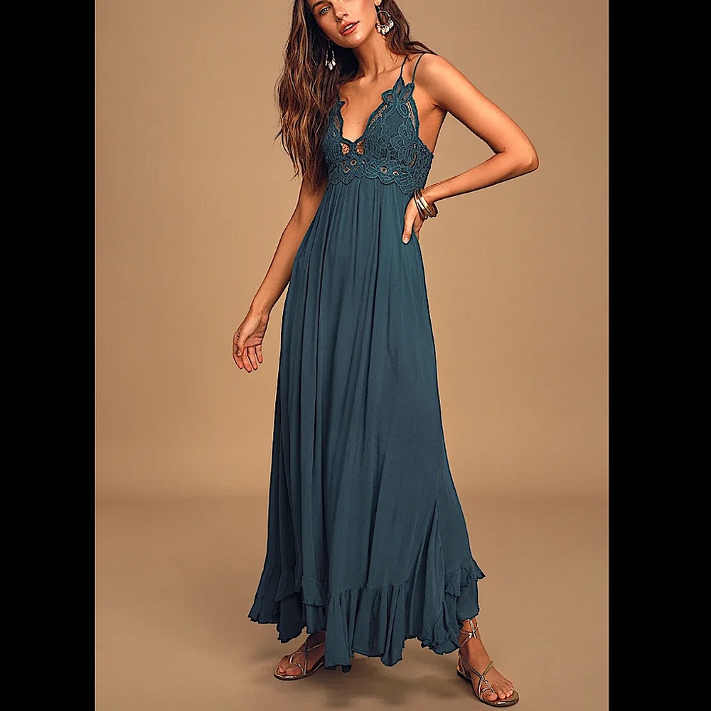 Free People Adella Maxi Slip Dress in Turquoise NWT